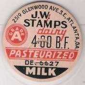 Buy GA Atlanta Milk Bottle Cap Name/Subject: J.W. Stamps Grade A Milk~264