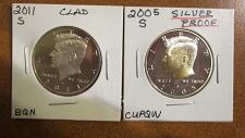 Buy Up two beautiful Kennedy half dollars: 2005 S Silver Proof and 2011 s Clad Proof