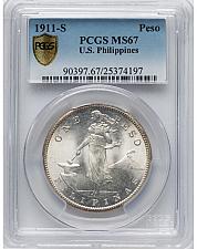 Buy 1911-S Peso Philippines Peso, KM-172, Allen 17.06, MS67 PCGS