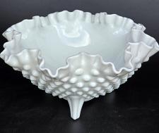 Buy Fenton glass ruffled edge 3 leged dish auction