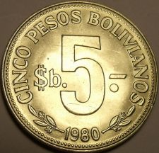 Buy Huge Gem Unc Bolivia 1980 5 Peso Bolivanos~Last Year~Metal Rotation~Free Ship