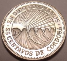 Buy Rare Cameo Proof NicaraGua 1972 25 Centavos~Radiant Sun~20,000 Minted~Free Ship