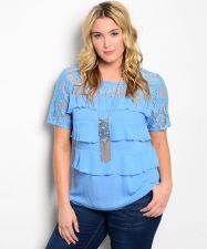 Buy Ire Blue Lace Yoke Scoop Neck Short Lace Sleeves Tired Front Top Size XL-XXXL