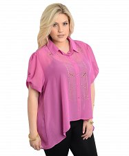 Buy PLUS SIZE 1X 2X 3X Womens Button Shirt LAMIJYA Sheer Solid Lilac Embellished