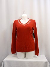 Buy Women Sweater Size XL DEBBIE MORGAN Solid Red Embellished V-Neck Long Sleeves