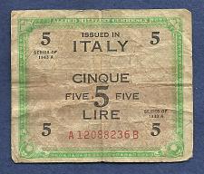 Buy ITALY 5 Lire 1943 Banknote A12088236B WWII Allied Military Currency PM18b Serie 1943A