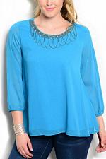 Buy Women Top Solid Turquoise PLUS SIZE 3XL C.O.C. Embellished Beaded Neck ¾ Sleeves