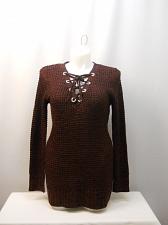 Buy Women Tunic Knit Sweater Size XL Solid Burgundy Laced Up V-Neck Long Sleeves