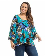 Buy Womens Knit Top PLUS SIZE 1X Blue Floral Black Lace Trim ¾ Sleeves Scoop Neck