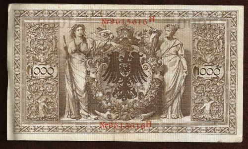 1910 Germany 1000 Mark Banknote Nr 9615616H Imperial Germany - Red Seal