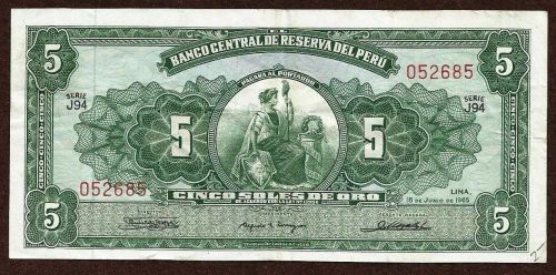 PERU 5 SOLES DE ORO 1965 P-83 Banknote 052685