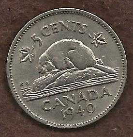 Canada 5 Cents 1940 WWII Era Uncrowned George VI Beaver Nickel