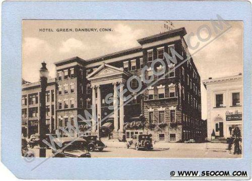 CT Danbury Hotel Green Street Scene w/Old Cars Photo Type Card ct_box1~492