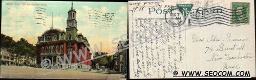 CT Norwich Postcard City Hall & Court House Street Scene Intersections w/O~2389