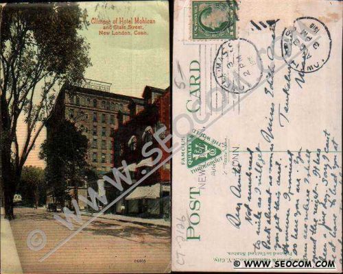 CT New London Postcard Glimpse Of Hotel Mohican & State Street Street Scen~2126