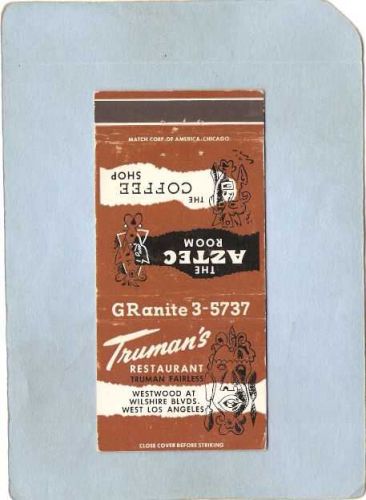 CA West Los Angeles Matchcover Tiki Truman's Restaurant Truman Fairless~84