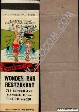 CT Norwich Matchcover Wonder Bar Restaurant 715 Boswell Ave w/Cartoon On B~2414