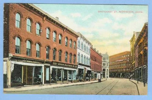 CT Norwich Shetucket St Street Scene w/Trolley Track Old Buildings~658
