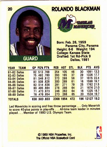 Rolando Blackman #20 - Mavericks 1989 NBA Hoops Basketball Trading Card