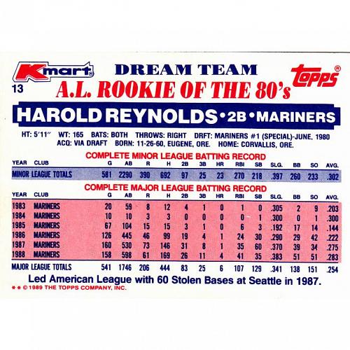 Harold Reynolds #13 - Mariners 1989 Topps Baseball Trading Card