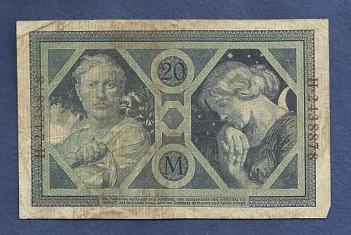 GERMANY 20 Mark 1915 Banknote H2438878 - Rare German Empire p63 - Imperial Bank