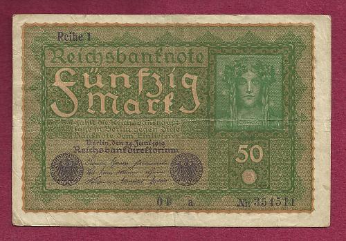 GERMANY 50 MARK 1919 Banknote 354511, Reiche 1 - Woman at Right