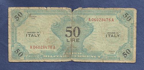 Italy 50 LIRE 1943 Banknote A06028476A - WWII Issue Allied Military Currency M14
