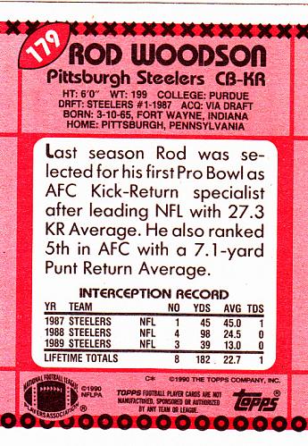 Rod Woodson #179 - Steelers 1990 Topps Football Trading Card