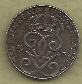 SWEDEN 2 Ore 1943 Coin - WWII Currency