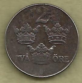 SWEDEN 2 Ore 1943 Coin - WWII Currency