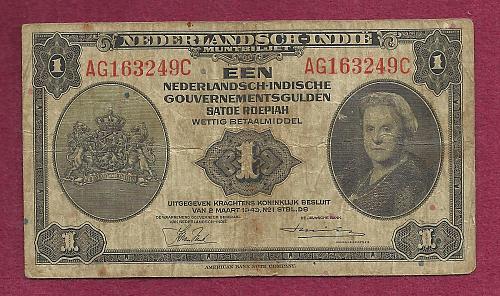 NETHERLANDS INDIES 1 Gulden 1943 Banknote Pi 11Serial AG163249C WWII Currency