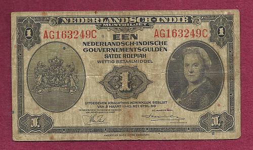 NETHERLANDS INDIES 1 Gulden 1943 Banknote AG163249C –P111 Note Historic WWII Curren