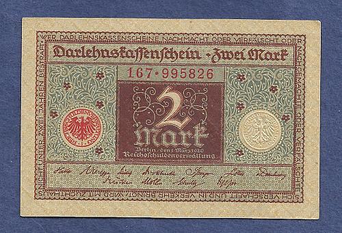 GERMANY 2 Mark 1920 Banknote No 167-995826 - WEIMAR REPUBLIC P60 - UNC
