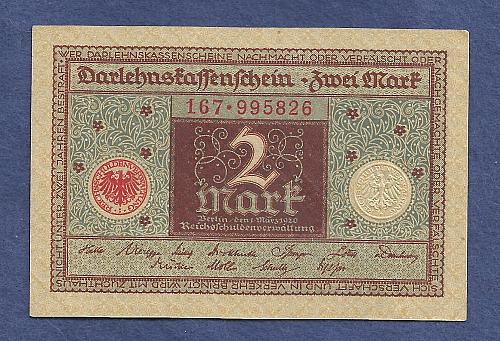 GERMANY 2 Mark 1920 Banknote No 167-995826 - WEIMAR REPUBLIC P60 - UNC