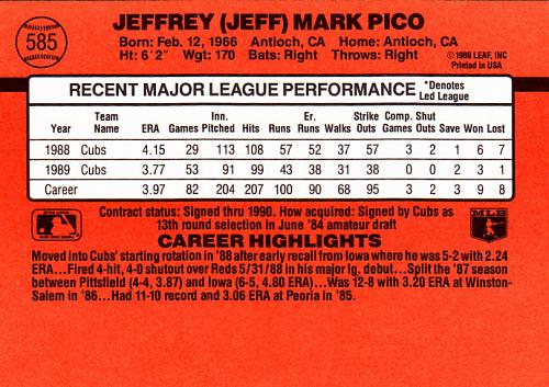 Jeff Pico #585 - Cubs 1990 Donruss Baseball Trading Card