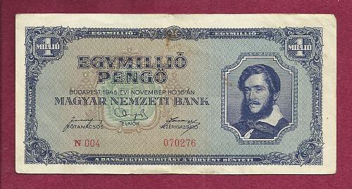 Hungary 1 Million Pengo 1945 Banknote 070276 P-122 -Kossuth at right/River Scene