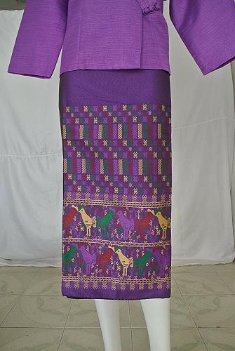 Purple Lao Laos Synthetic Silk 3/4 Sleeve Wrap Blouse Sinh Skirt Outfit Size 2XL