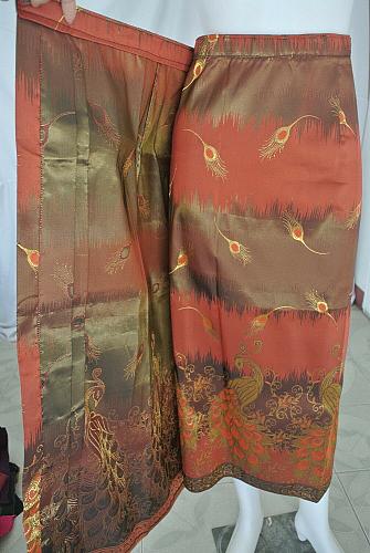 Orange Lao Laos Synthetic Silk 3/4 Sleeve Blouse Long Sinh Skirt Outfit Size L