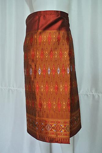 Red Gold Lao Laos Synthetic Silk Sinh Skirt for sale Waist can fit to 40" SK4