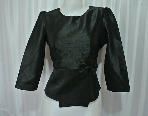 Black Lao Laos synthetic silk 3/4 SLeeve Blouse Classic Neckline size 14 L B42Z