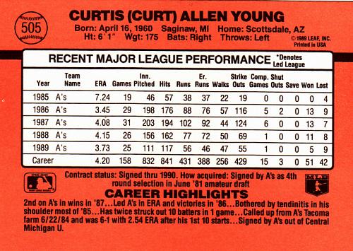 Curt Young #505 - Athletics 1990 Donruss Baseball Trading Card