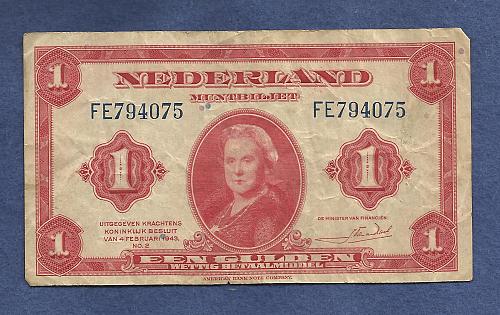 NETHERLANDS 1 Gulden 1943 Banknote - Serial FE794075 - Historic WWII Currency