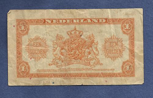 NETHERLANDS 1 Gulden 1943 Banknote - Serial FE794075 - Historic WWII Currency