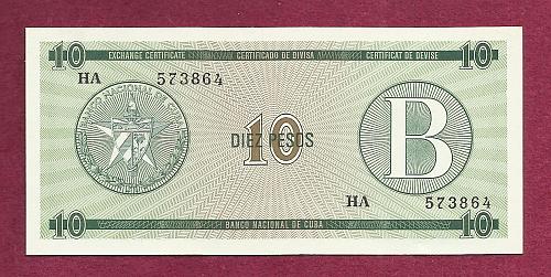 CUBA 10 Pesos Exchange Cert - ND (1985) SERIAL HA 573864 Series B Fortresses in Cuba