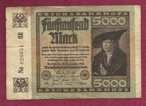 GERMANY 5000 MARK 1922 BANKNOTE 026054 - MERCHANT Han Imhof - WEIMAR REPUBLIC