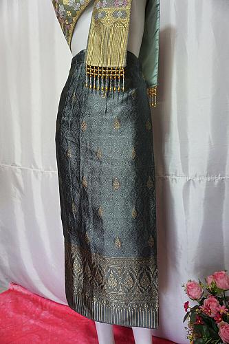 Gray Lao Laos Synthetic Silk sinh Wrap Skirt Pha Bieng for Songkran Waist 33"