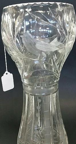 Hand Cut glass Bird etching Vase Antique unique work