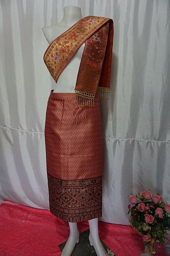 Coral Pink Laos Synthetic Silk sinh Wrap Skirt Pha Bieng Waist 33"