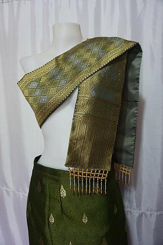 Seaweed Green Lao Laos Synthetic Silk sinh Wrap Skirt Pha Bieng Waist 33"