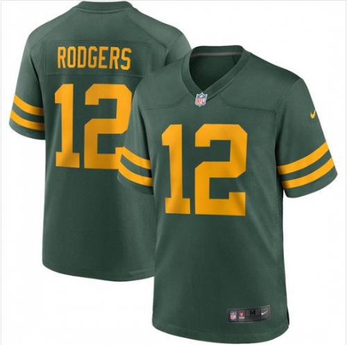 Men Green Bay Packers #12 Aaron Rodgers Green Throwback Alternate Game Football Jerse